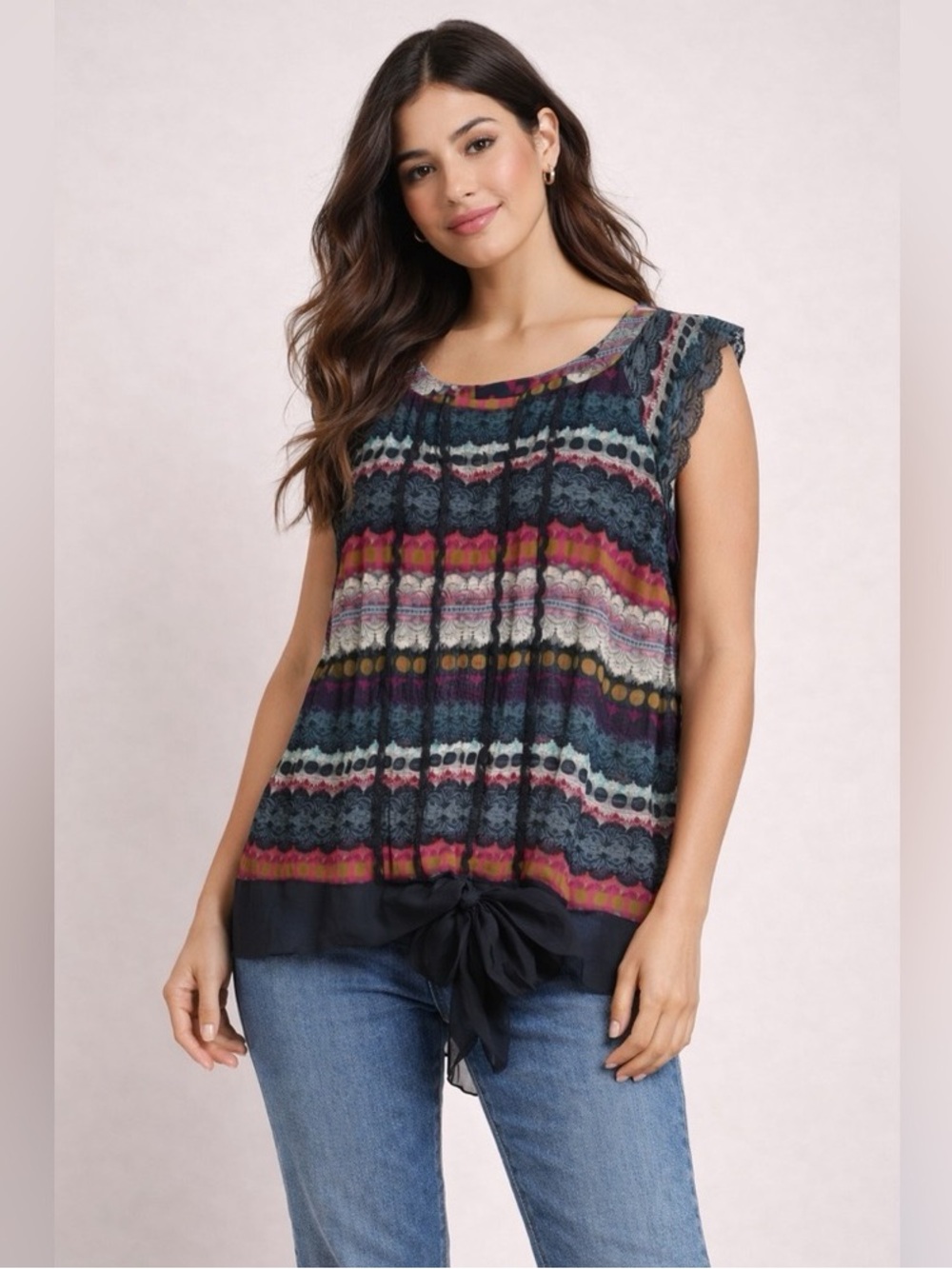 Odille x Anthropologie Silk Blouse Size 6 with Lace Detail Sheer Boho Chic